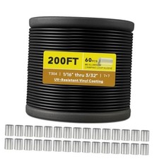 Vinyl Coated Wire Rope 3/32" 304 Stainless 200FT Black Vinyl Coated Wire Rope