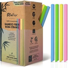 EcoPreps Colorful Biodegradable Jumbo Smoothie Straws, Bamboo Fiber Boba Stra...