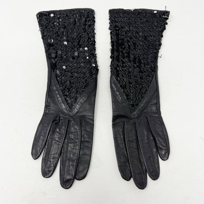 VTG YSL Yves Saint Laurent Rive Gauche Paris Black Leather Sequin Gloves Sz 7