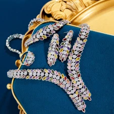 Cubic Zirconia Tennis Leaf Dangle Wedding Necklace Earrings Ring Jewellery Set 