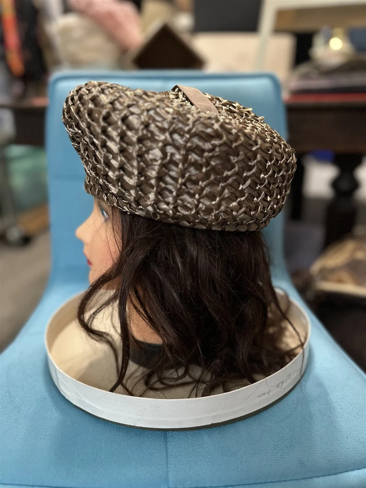 Sombrero De Colección Para Mujer Herbert Bernard Original Tostado Tejido Rafia Marrón Cinta Foto 4 de 4