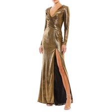 Mac Duggal 26684 Metallic Long-Sleeve Asymmetrical Ruched Gown In Gold Size 14