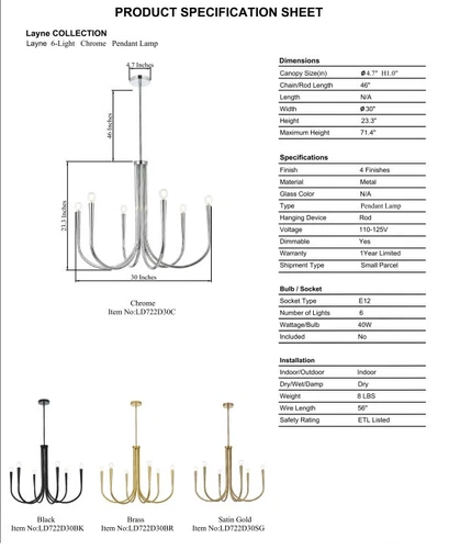 Chandelier Ceiling Light Fixture Farmhouse Chrome Foyer Living Dining Room 30" - Picture 9 of 9