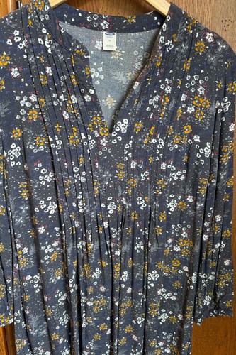 Old Navy Shirt Dress Womens M Floral Pintuck Flowy Drape Long Sleeve Gray Blue - Picture 9 of 11