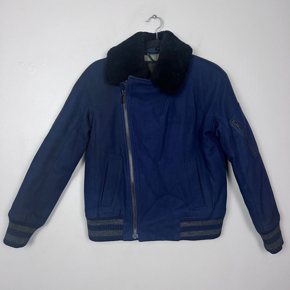 J.Crew Shearling Bomber Jacket Coat Wool Fur Navy Black Size 2