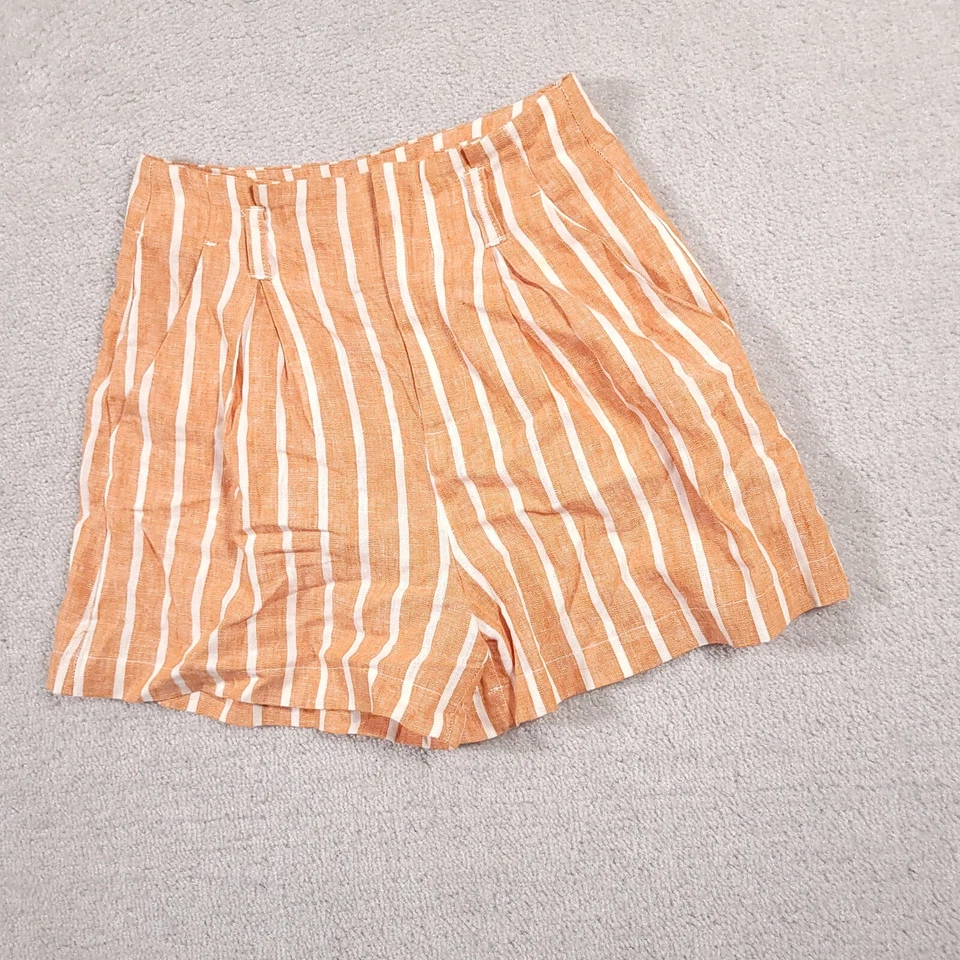 Forever 21 Linen Shorts Women's Size 24 Orange Ivory Striped Pockets Pleated Zip - Image 2 of 4