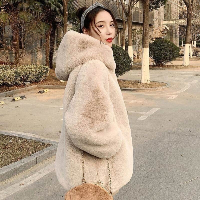 Women Faux Fur Hooded Overcoat Plush Coat Hoodie Jacket Zipper
