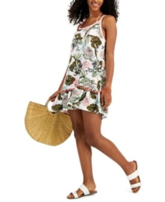 Miken Swim Cover-up Junior Pompom Tiered Floral-Print X-Large
