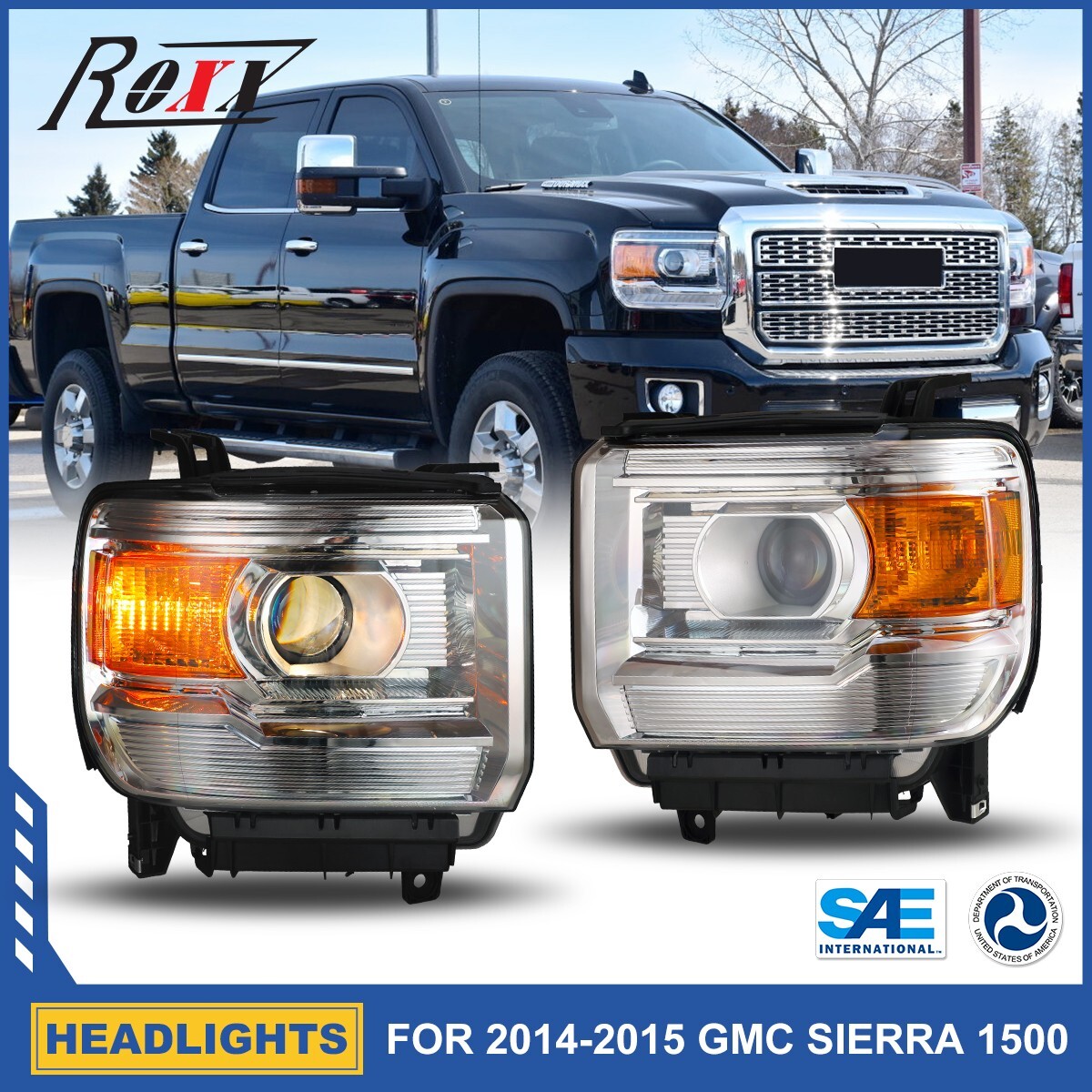 Chrome Headlights For GMC Sierra 1500 2014-2018 & 15-19 2500