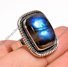 Natural Blue Labradorite Ring 925 Sterling Silver Handmade Statement Boho Rings