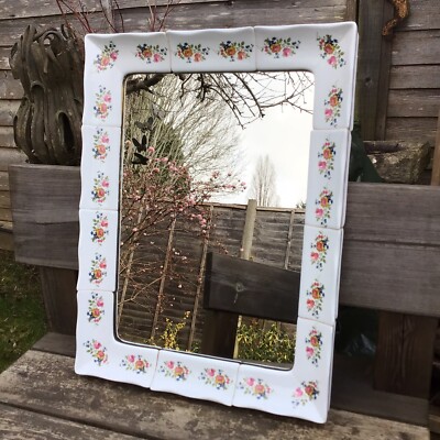 Vintage Shabby Chic Arcadia Milano Keramik rosa Blumen Wandspiegel 23,75  x 18 