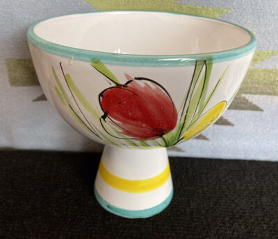 Ceramic Compote Pedestal Fruit Bowl Italy Handmade White Floral