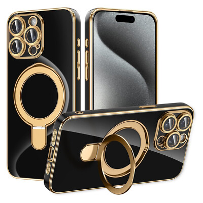 Shockproof Plating Ring Stand Mag Safe Case Screen Protector For iPhone 16 15
