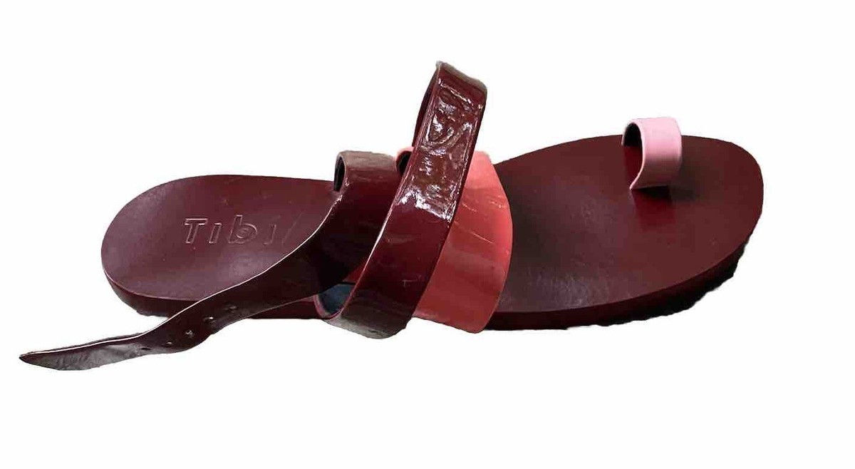 Tibi Leather Multistrap Toe Ring Burgundy Orange Pink Sandals US
