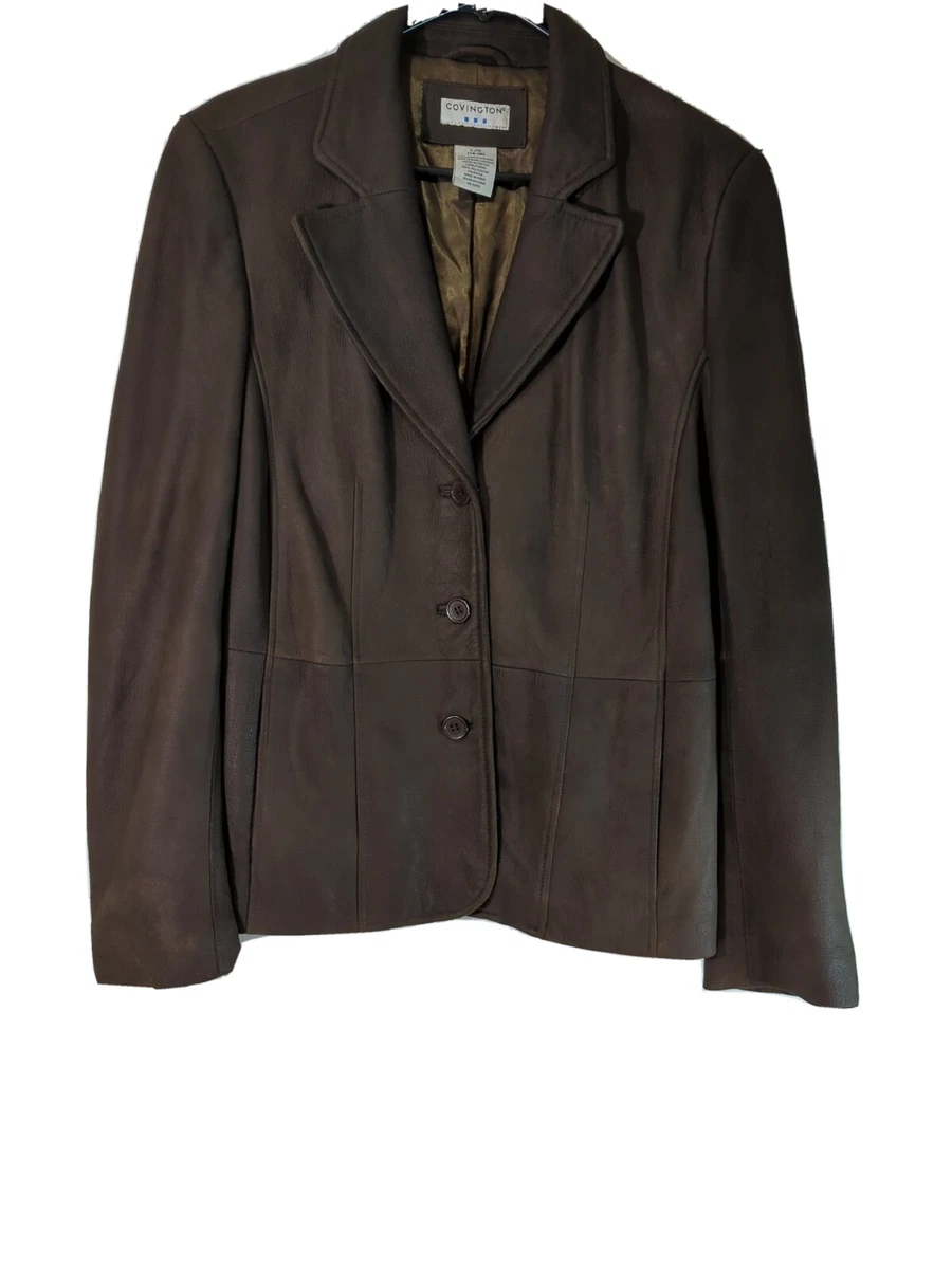 Covington Womens Blazer Genuine Leather Soft Jacket Sz L 14 16 Brown Lined