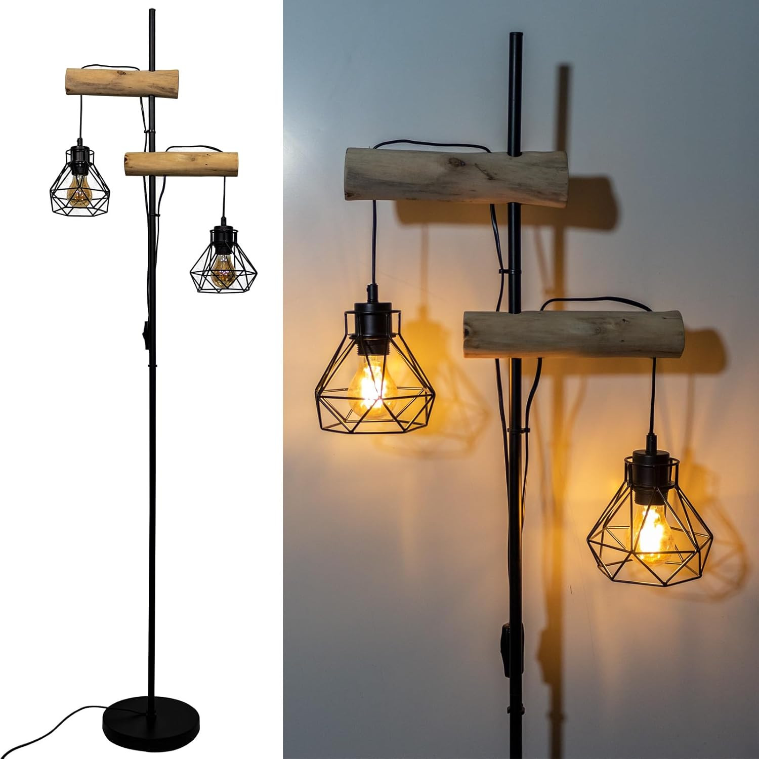 Lampada Terra Industriale Vintage Legno Metallo Nero - Salotto Chic