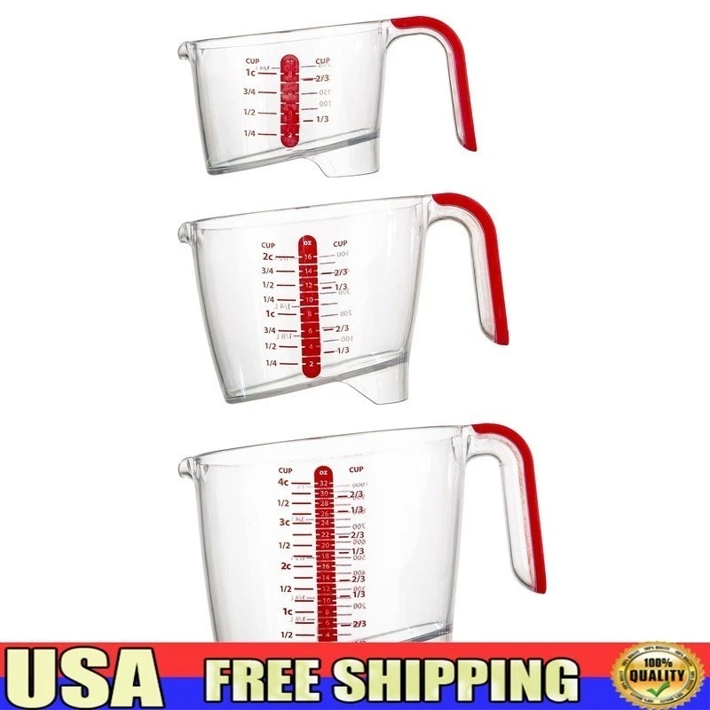 3 Piece Liquid Measuring Cup Set Easy Read Soft Grip Nesting Dishwasher Safe New