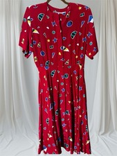 Liz claiborne Geometric Red Midi Dress Belt Sz 8 Stars Shapes Flaw Teacher