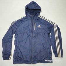 Vintage Adidas Blue Nylon Hooded Nylon Windbreaker Jacket Sz L 3 Stripes Ribbon