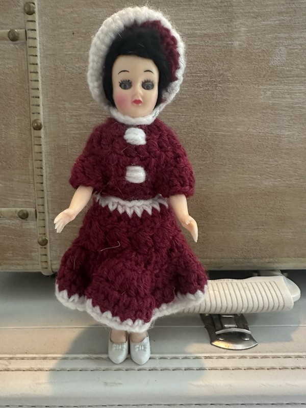 Vintage Made in Hong Kong 8” Doll w/ Handmade Crocheted Burgundy Outfit & Shoes
