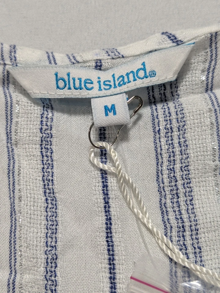 Cobertura de praia Blue Island - Feminina média rayon branca + azul prata metálica NOVA - Imagem 4 de 4