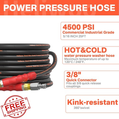 #ad Heliwoo 5 16quot; 25ft Pressure Washer Hose 4500 PSI Kink Proof Quick Connect $122.99