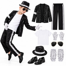 Boys Kids 80s Pop Star Costume Sequin Jacket Set w/ Hat Gloves Wig Halloween