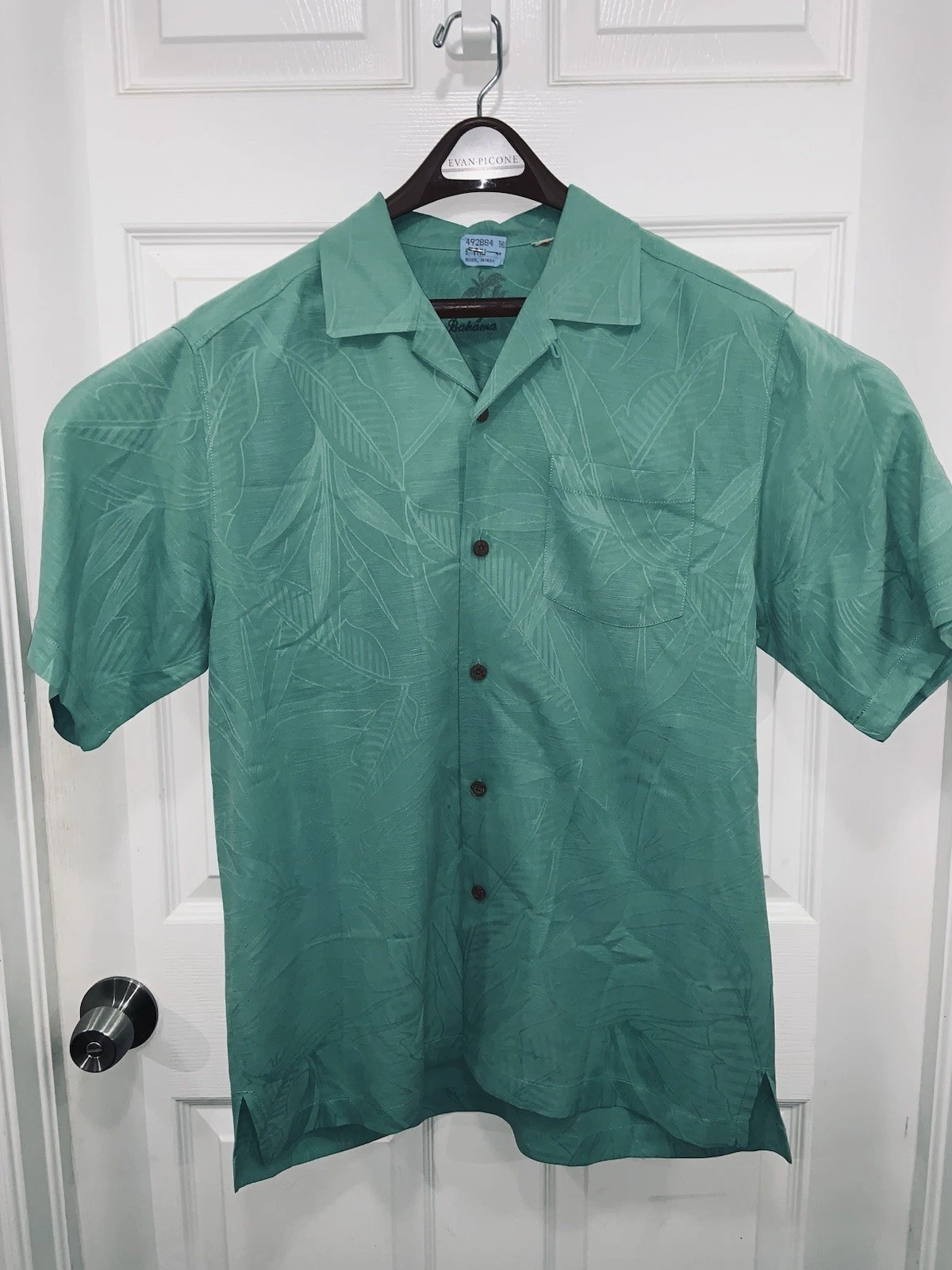 Tommy Bahama Hawaiian Button Down Green Textured Silk Sz Lg Shirt
