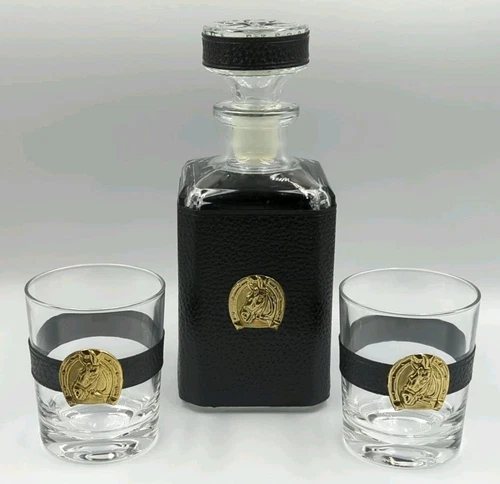 Vintage Clear Glass Black Leather And Horse Whiskey Decanter With Glasses Set