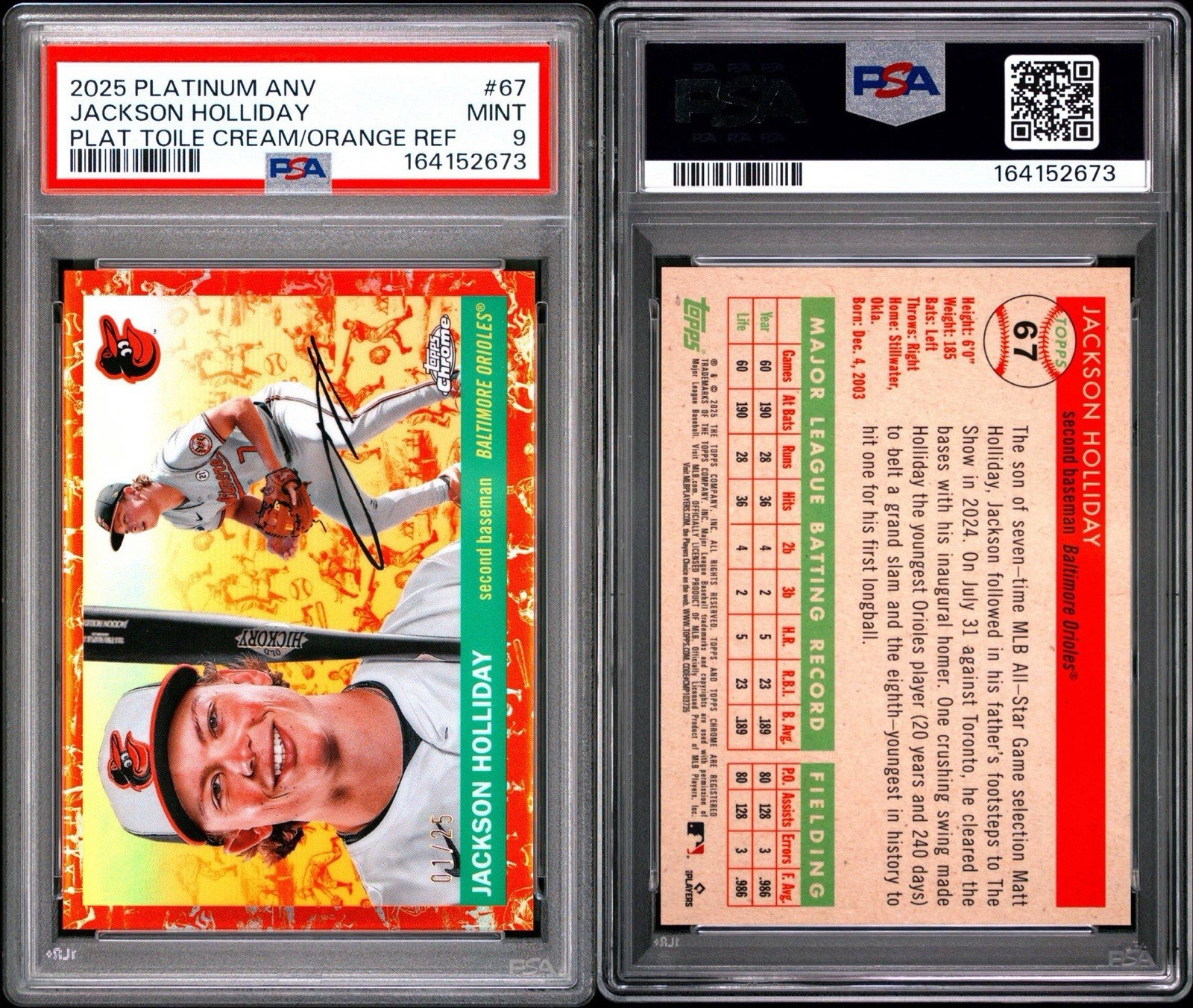 2025 PLATINUM ANV #67 JACKSON HOLLIDAY /25 PLAT TOILE CREAM/ORANGE POP 1 PSA 9 view 4
