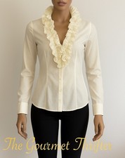 BCBG Max Azria Small White V-neck Long Sleeve Blouse Ruffle Neckline Side Zip