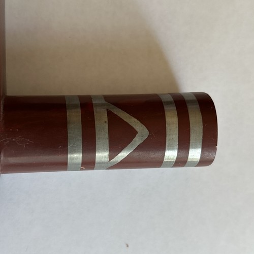 Vtg Native American Catlinite Elbow Pipe w/Silver? Inlays Signed Buffalo Woman - Picture 3 of 10