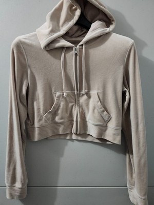 Hollister Sweatshirt Womens M Beige Crop Zip Hoodie Velour Soft Cozy Y2K Beach