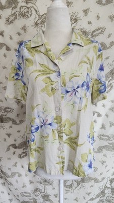 Vintage Pure Silk Light Green And Blue Floral Tropical Button Up Top Sz M