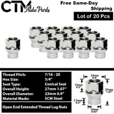 20pc Chrome 716-20 Open End Extended Thread Et Lug Nut Fit Vintage Pontiacmore 20pc Chrome 716-20 Open End Extended Thread Et Lug Nut Fit Vintage Pontiacmore