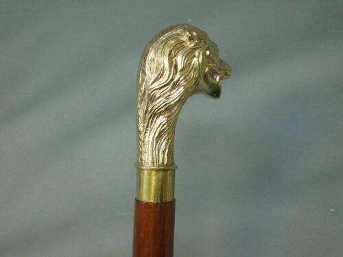 Solid Brass nautical Brown Wooden Walking Cane Wolf Head Handle Stick Vintage - Picture 2 of 3