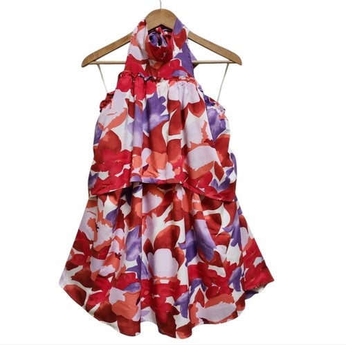 Entro Kleid Gr. L rot lila abstrakt Blumen Neckholder Mini Lagenlook ausgestellt Party - Bild 2 von 15