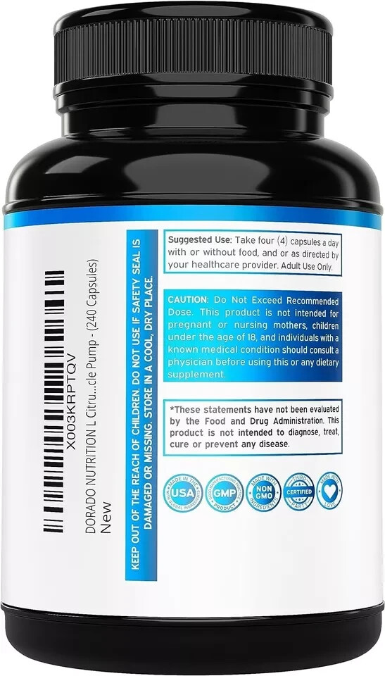 L Arginine L Citrulline 3000Mg Supplement (240 Capsules) Nitric Oxide