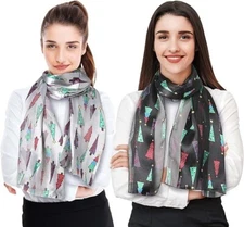 CBC Crown Silk-Feel Christmas Tree Theme Christmas Scarfs, 13"x60" Made in Korea