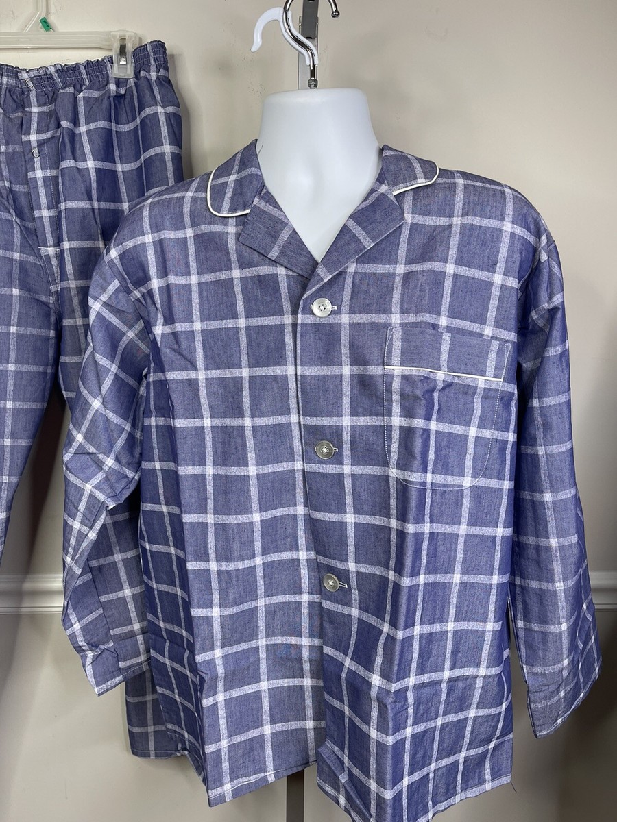 Vintage MCM 50s 60s Mens Pajama Set X Large Glen Plaid Blue