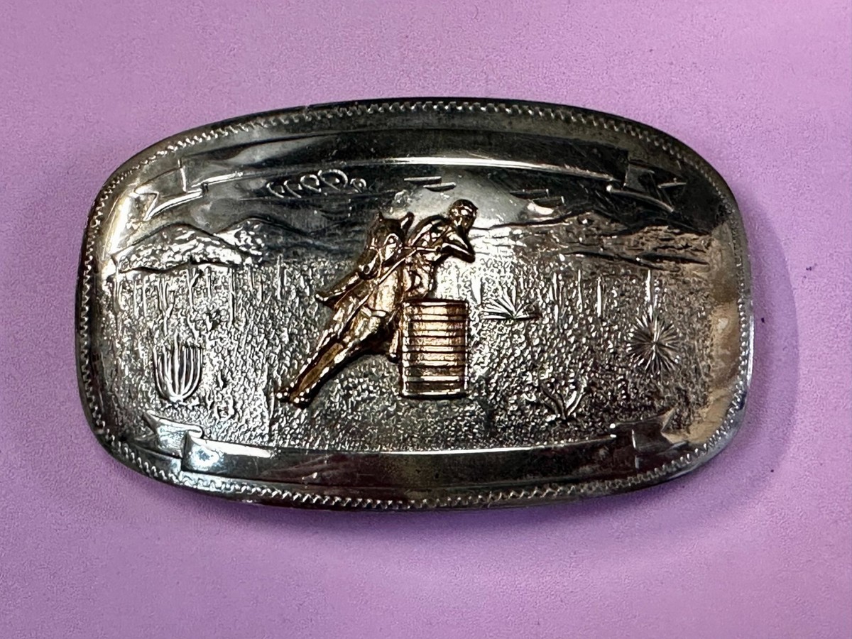 Vintage BARRLE RACING Trophy Belt Buckle & Belt Stamped Mexico Silver Gold Blank Vintage Blank Trophy Award Barrel Racing Belt Buckle By  main image 3
