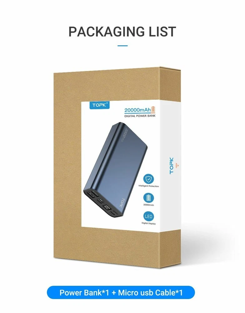 10000mAh PD 20W Fast Charging Power Bank with LED for Phones