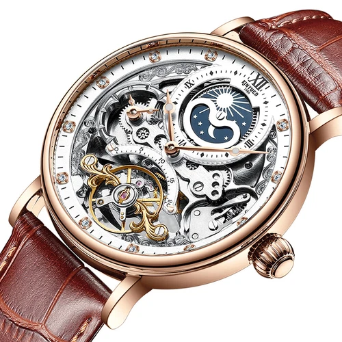 KINYUED Skelett Tourbillon Mondphase Mechanische Uhr Luxus Herren Diamant Uhr - Bild 12 von 22
