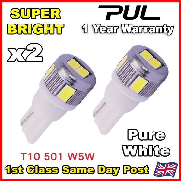 SUPER BRIGHT 2-Pack SMD LED Bulbs – 501/T10/W5W, 6000K White, 10W Each – For Side Lights & More