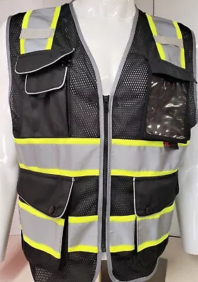 FX SAFETY PRODUCTS Hi Visibility Reflective Black Safety Vest with multiple pockets & ID pocket
