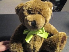 Brown Bear Stuffed Animal w/ green bow tie approx 8"