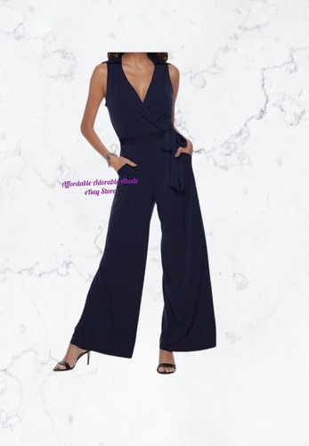 Nina Leonard Jumpsuit SZ L Navy Blue Collared Sleeveless Wide Leg Pockets Slinky