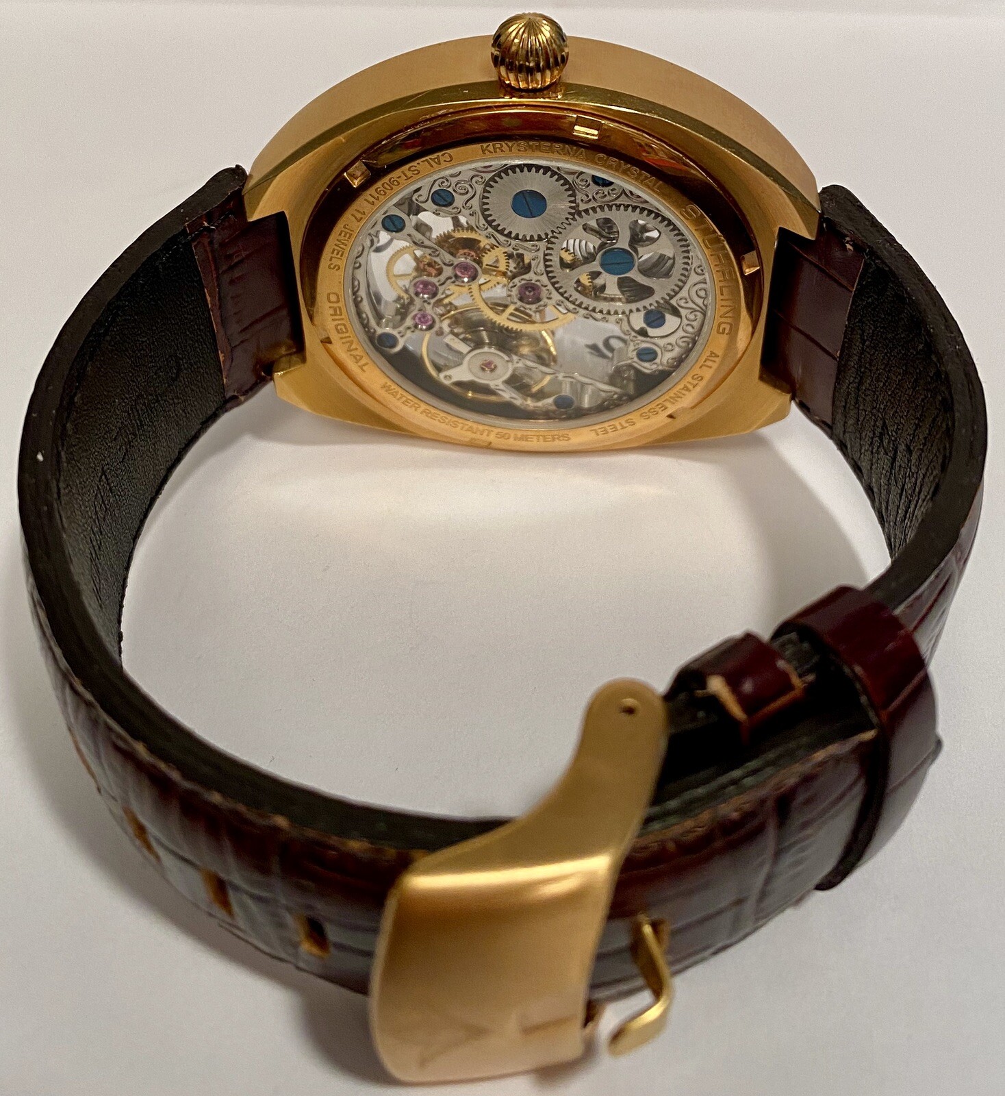 48mm Skeleton Mechanical Rosetone Cushion | Brown Strap STUHRLING Mens Watch