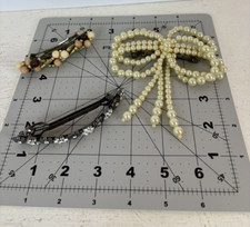 Vintage Set of 3 Hair Barrettes Silver Black Tan White Faux Pearl Hair Clips