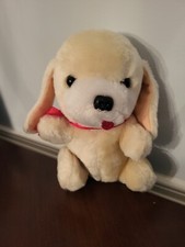 Vintage Yellow Lab Dog Plush Red Tongue Red Ribbon 8" No Tags Unbranded
